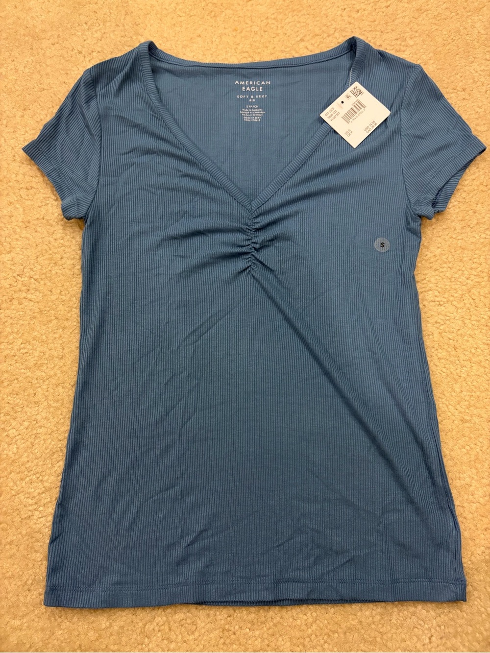 American Eagle Outfitters Dusty Blue Ribbed V-Neck Short Sleeve Top